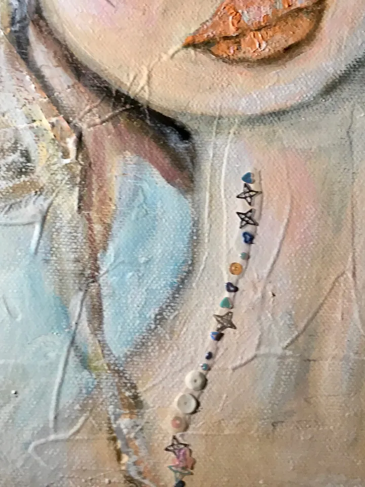 Lucky dreamer- mix media doll and birds painting on stretched canvas,original painting,one of a kind.