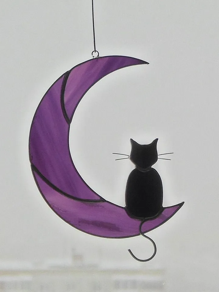 Black Cat On The Purple Moon . Art stained glass window hanging Suncatcher . Gift for animal lover , pet loss memorial . Purple and black