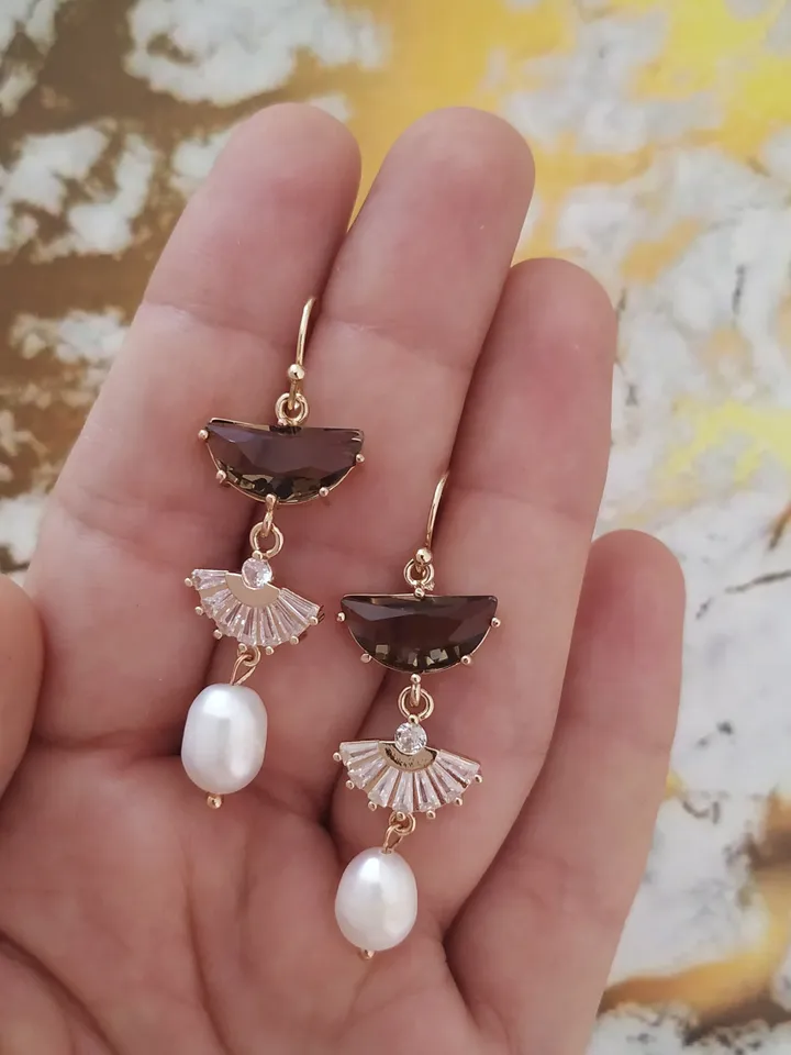 Art deco Wedding Earrings For Bride, Freshwater Pearl Boho Bridal Earrings, Vintage Style, Statement Earrings, Fan Earrings, Boho Jewelry