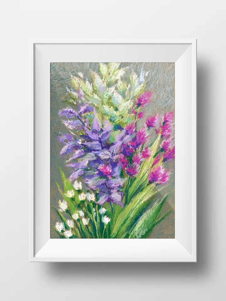 Bouquet of flowers Mint Basil Aroma herbs Oil pastel drawing on A4 craft paper.
