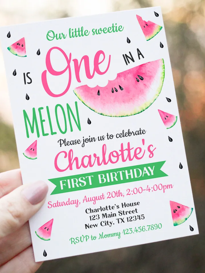 One in a melon invitation, 1st birthday invitation for girls, watermelon birthday invitation, editable template instant download