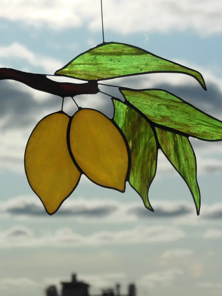 Yellow Lemons on Branch with Green Foliage . Art stained glass window hanging Suncatcher . Leaves leaf , Fruit Kitchen Decor