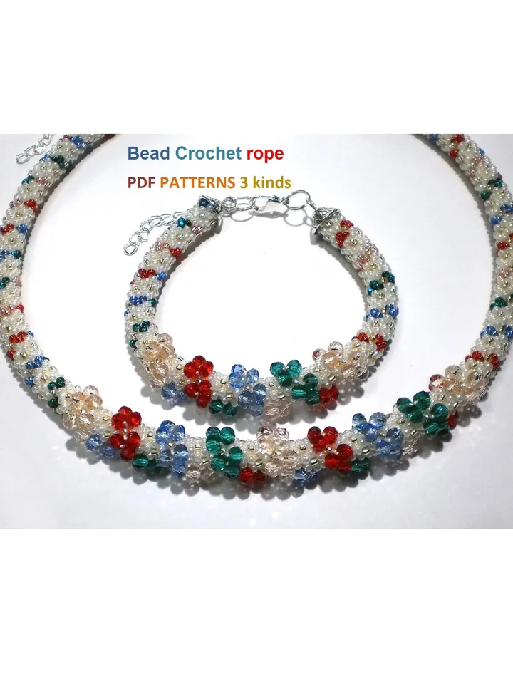 Slim Bead Crochet rope patterns, "Bows" necklace and bracelet, Slip Stitch, 3 Patterns, Instant Download, PDF fail