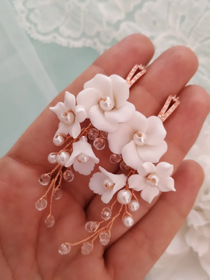 Rose Gold Boho Wedding Earrings, Boho Bridal Earrings, White Clay Flower Wedding Earrings, Floral Bridal Earrings, Long Teardrop Earrings,