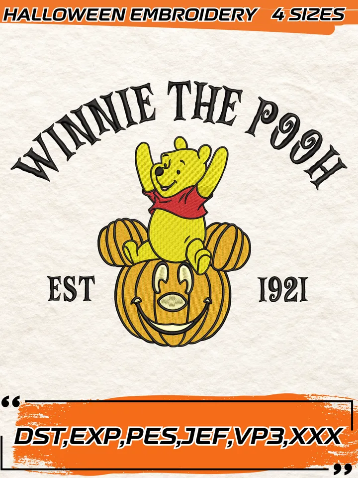 Winnie The Pooh Pumpkin Est 1921 Embroidery Design,Halloween Embroidery Design,4 Sizes,Digital Download