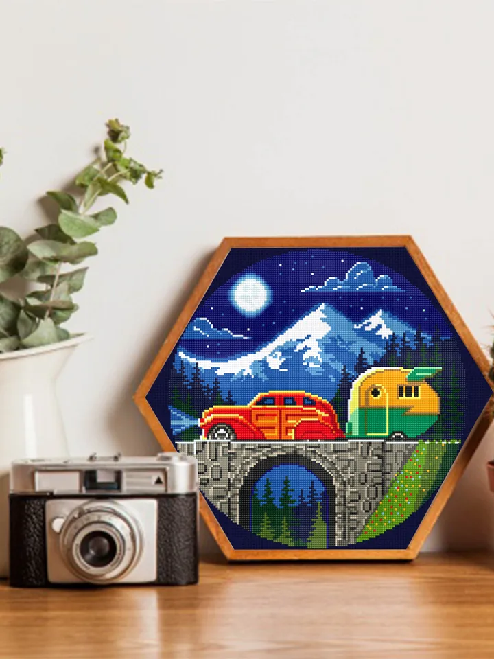 Travel cross stitch pattern download PDF Vintage travel trailer cross stitch chart Nature landscape embroidery PDF Adventure awaits #L12
