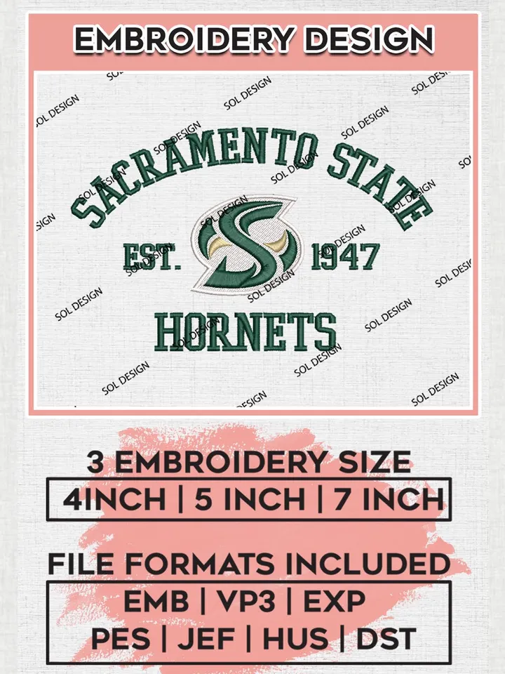 Sacramento State Hornets Est 1947 Logo Embroidery Designs, NCAA Sacramento State Hornets Team Embroidery, NCAA Team Logo, 3 sizes, Machine embroidery Files, Digital Download