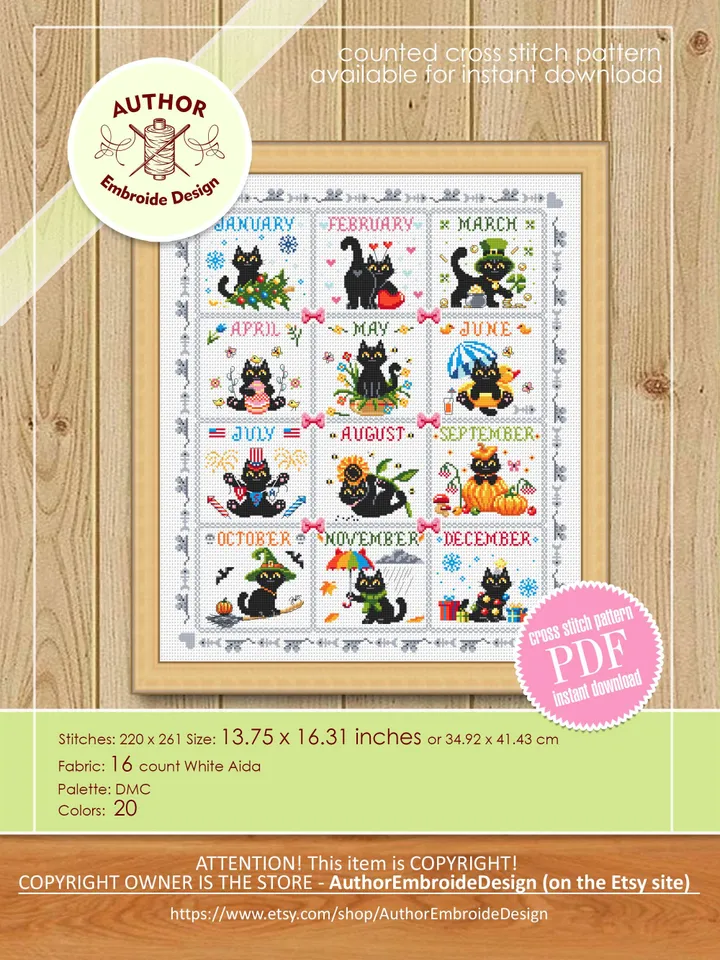 Funny cat calendar cross stitch pattern PDF download Black cat cross stitch chart, Cute cat pattern digital PDF, Cat holiday cards #K60