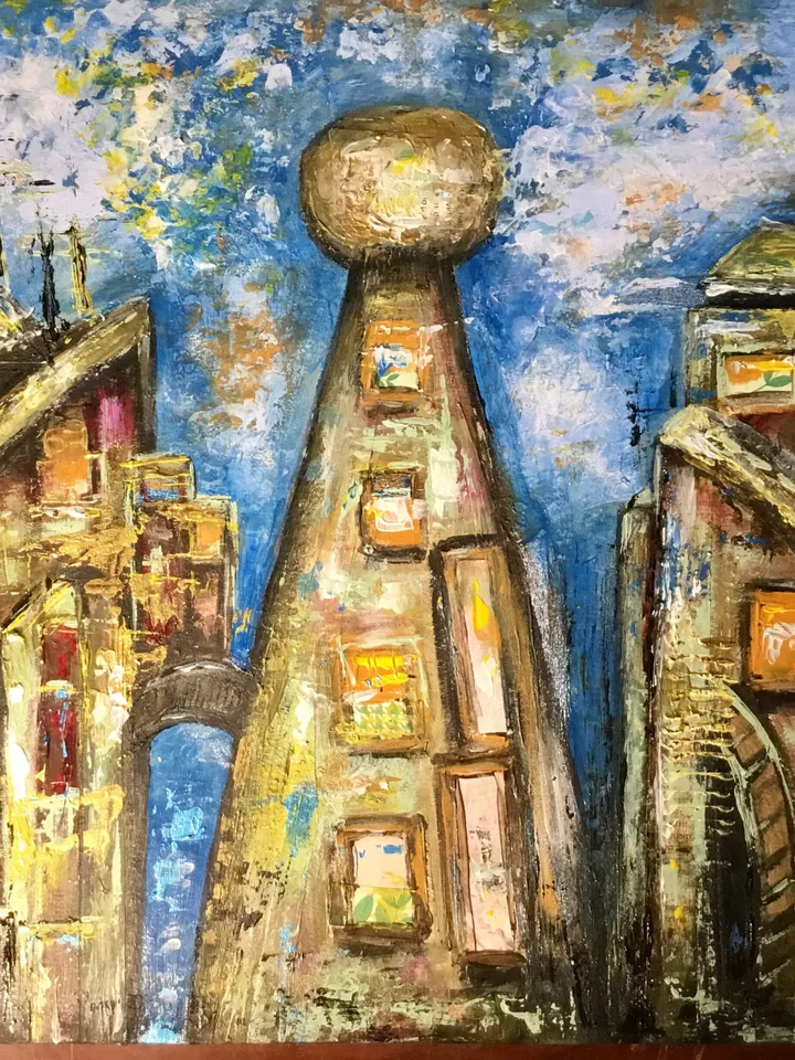Sky town,original mix media painting on cardboard,collage and acrylic painting,fantasy cityscape,wall art.
