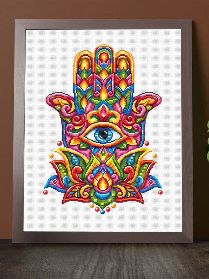 Hamsa hand cross stitch pattern PDF download Lotus flower mandala pattern PDF, Colorful Hand of Fatima cross stitch, Evil eye hamsa #M222