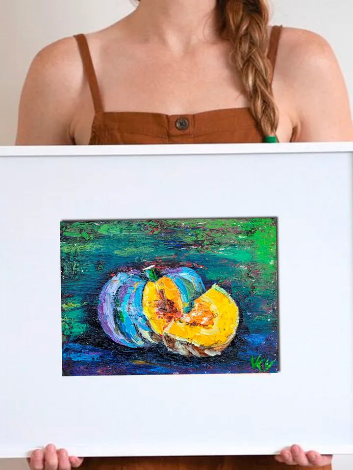 Pumpkin Painting Kitchen Wall Art Impasto Oil Painting 5x7 Fall Original Art Vegetable Wall Art Food Artwork Farmhouse Art Halloween by ArtFromVictoria