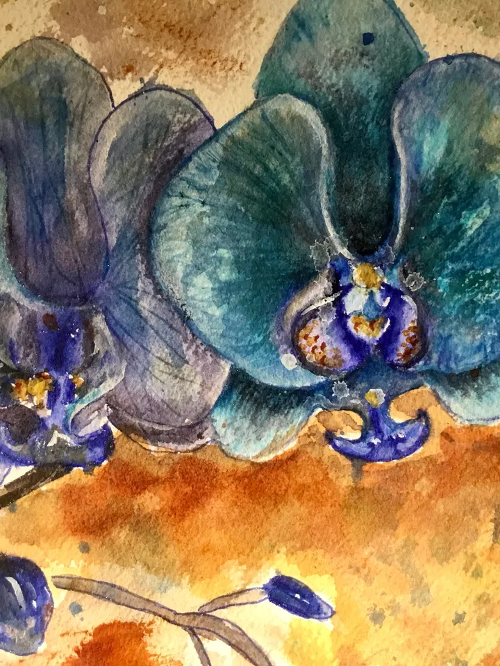 Blue orchids original watercolour painting,flowers watercolour painting,orchids wall art,unique watercolour gifts,one of a kind.