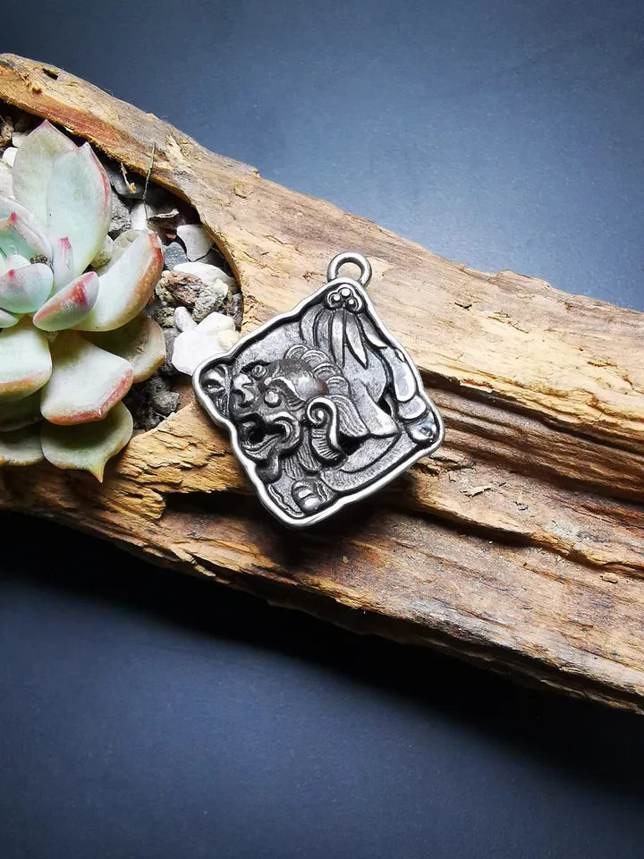 Gandhanra Antique Tibetan Buddhist Amulet,Snow Lion-the Four Dignities(Garuda,Tiger,Dragon,Lion),Buddhist Talisman,Inlaid with Sliver