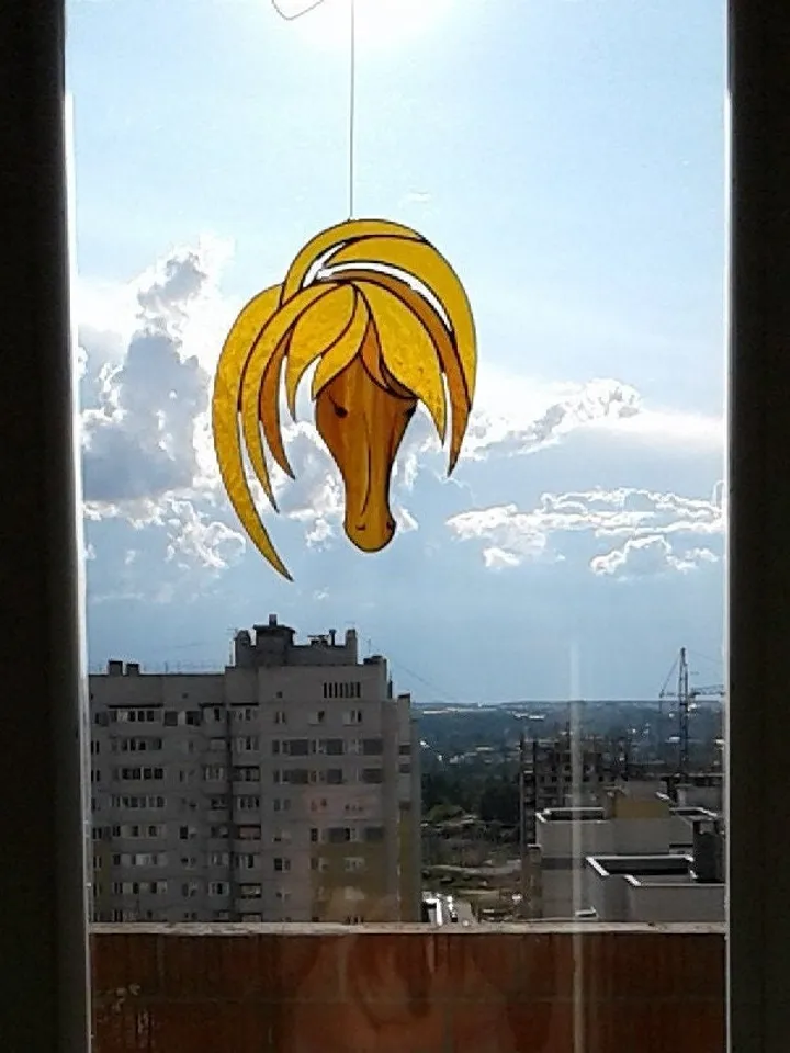 Head Horse Golden Amber Brown . Art stained glass window hanging Suncatcher