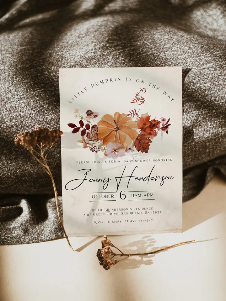 Rustic Autumn Baby Shower Invitation; Boho Flowers Baby shower; Little Pumpkin baby shower; editable template canva; Fall; Autumn; Pumpkin