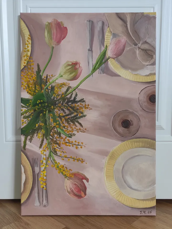 Oil painting on canvas Still life with mimosa