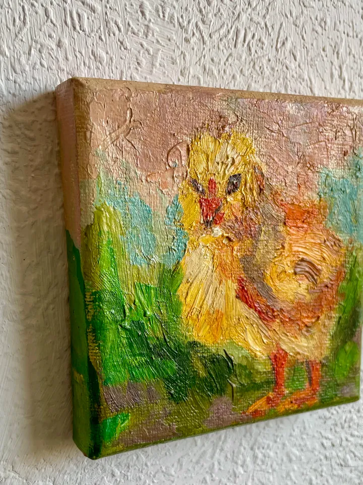 Yellow baby chick painting, Chicken bird Original oil Painting on Canvas, Farm animal art, Miniature Artwork 4"x 4"