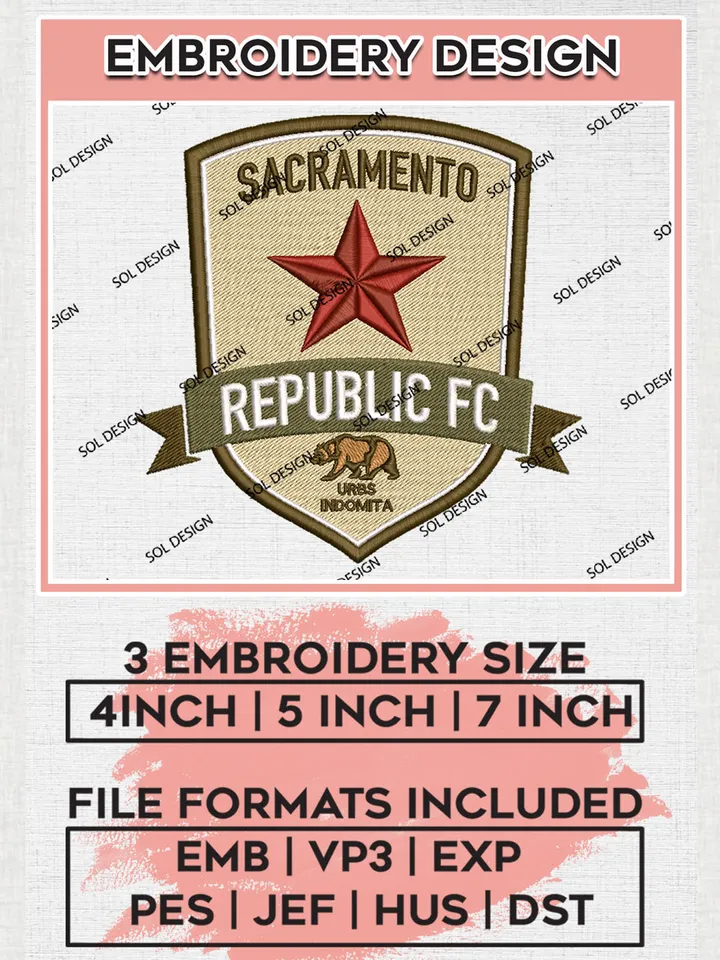 USLC Sacramento Republic Logo Embroidery Designs, USLC Sacramento Republic Embroidery Design, USLC Embroidery Design Files, USLC Logo, 3 sizes, Machine embroidery Files, Digital Download