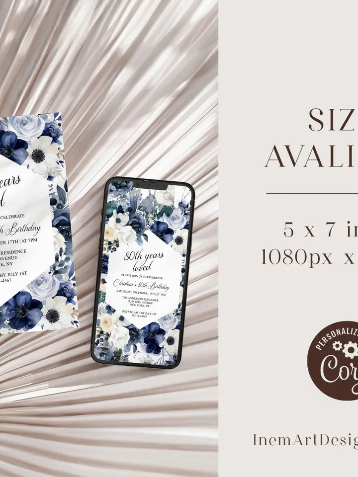 80th Birthday Invitations, Printable 80th Birthday Party Invitation, Navy Blush Floral 80th, 85th Birthday Invite - i133(3)