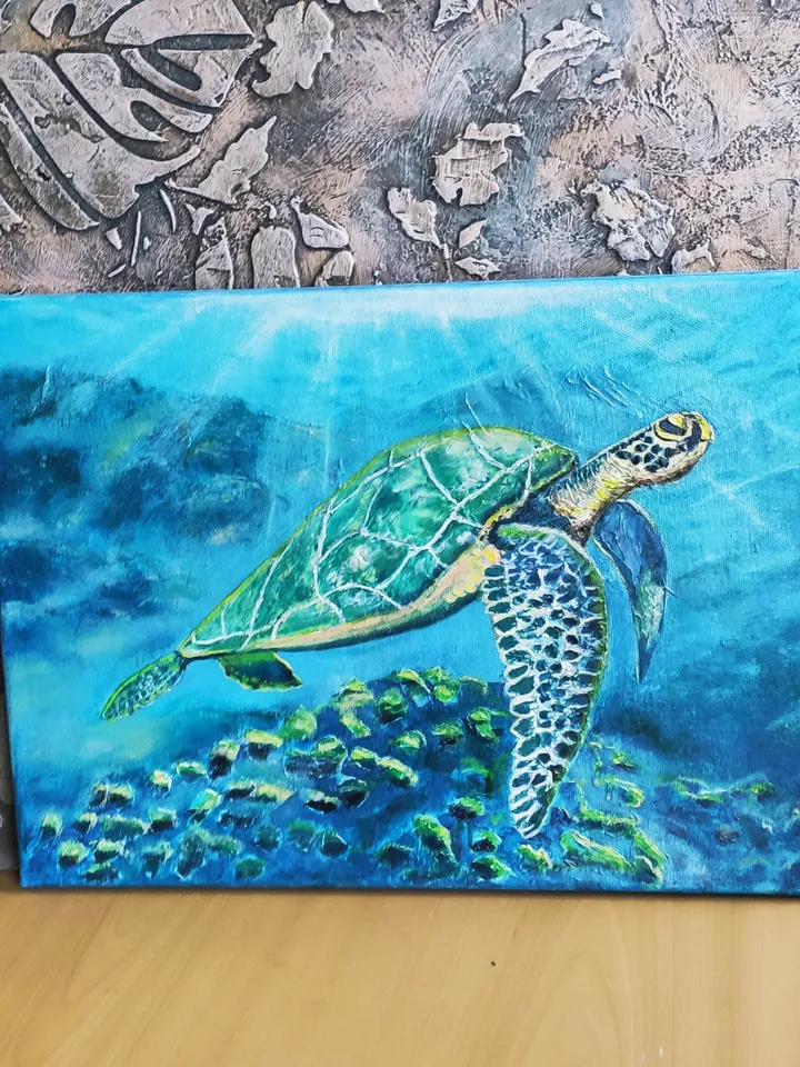 To the sun sea turtle underwater world oil on canvas 40x30 cm three-dimensional painting