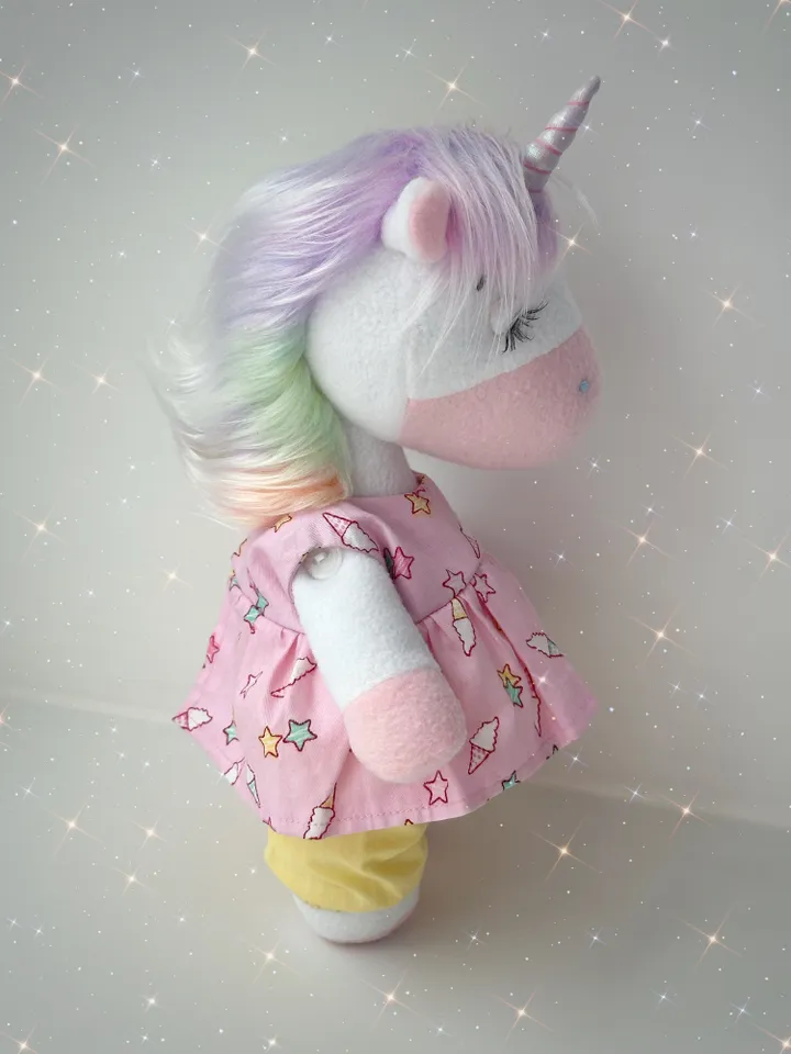Handmade Unicorn Doll in dress. Soft plush toy. Fairy cute animal.