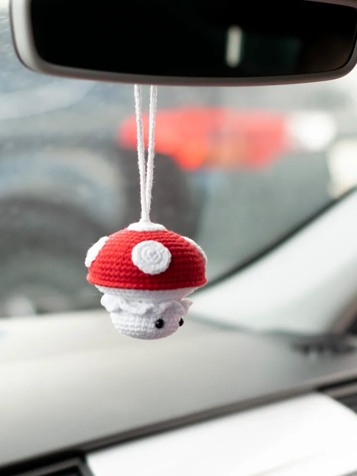 Red mushroom car hanging accessories for women, rear view mirror charm, stuffed mushroom cute car pendant