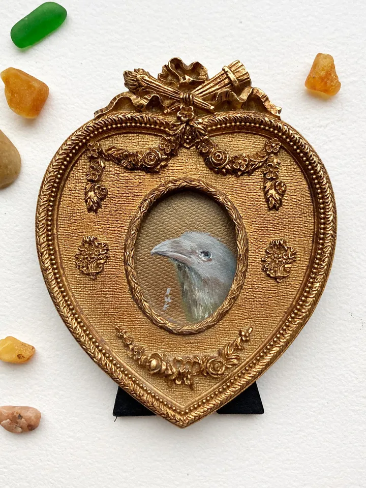 Framed Raven Oil Painting Original Albino Bird Art Dark Cottagecore Art 4x5 Art