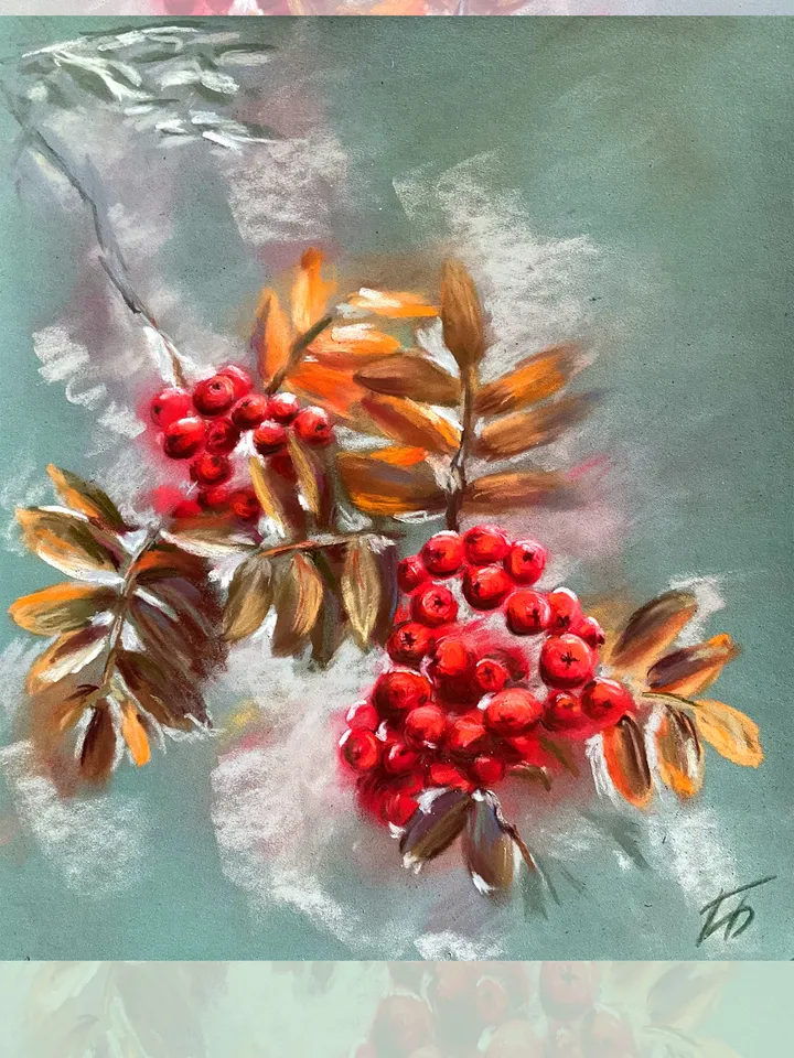 Rowan Berries Pastel Painting β Original Autumn Artwork by IrenFantasyArt β Red Berries Wall Decor β 12x9.5 in β Fall Botanical Pastel β Unframed