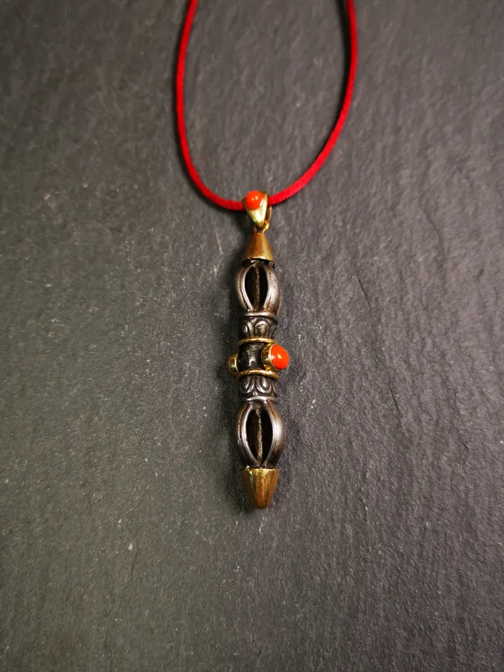 Gandhanra Tibetan Buddhist Amulet,Vajra Dorje Pendant, Made of Cold Iron,Inlaid with Agate,1.96&quot;