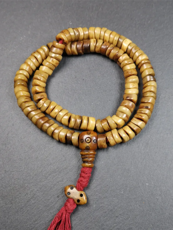 Gandhanra Original Tibetan Yak Bone Mala,Prayer Beads Necklace, Unique Wave Shape Beads,0.4"