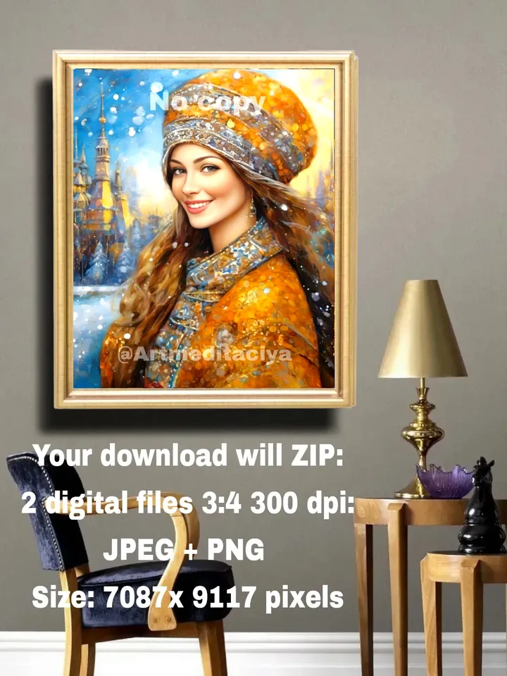 Digital abstract texture painting "Russian Winter", a gray-eyed blonde in a yellow-gray-blue winter ethno outfit on an abstract winter background of an ancient urban landscape, made in the style of oil painting