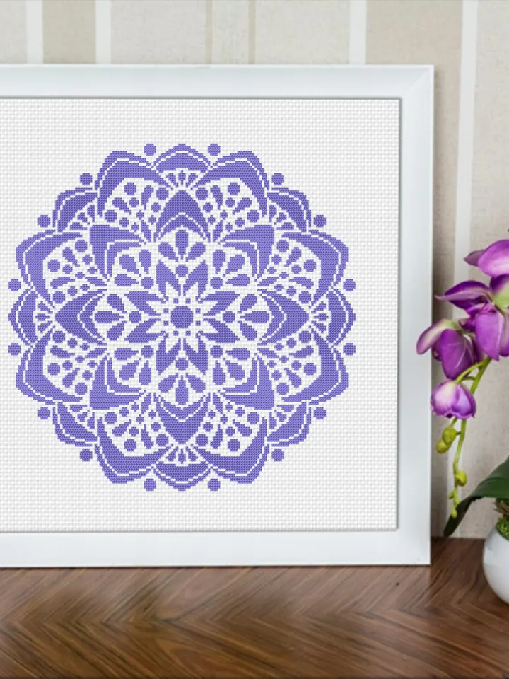 Flower mandala cross stitch pattern PDF download Monochrome mandala pattern digital PDF, Simple cross stitch chart for beginner #M246