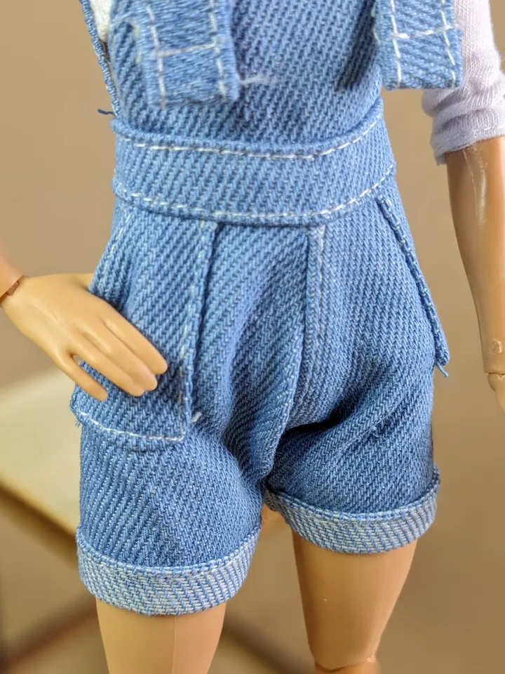 Light blue denim jumpsuit shorts for 1/6 scale fashion female dolls