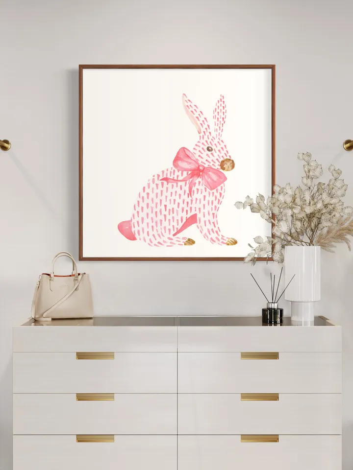 Pink Rabbit and Bow Painting, Watercolor Bunny Print, Pink Bow Art, Chinoiserie Wall Art, Nursery Wall Print, Girls Room Decor, Asian Print
