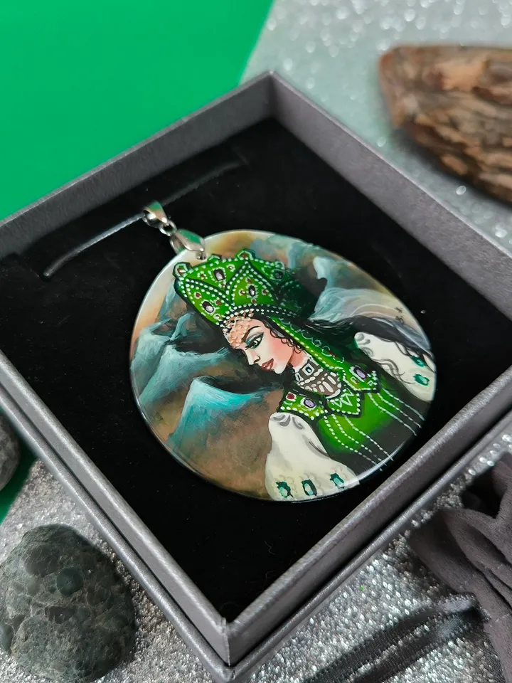 Pearl pendant necklace: Mistress of the Copper Mountain painted on elegant pendant. Russian cutie on handmade jewelry shell. Outstanding art