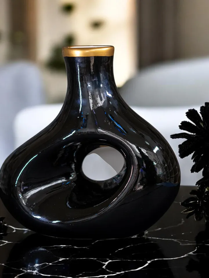 Handcraftmanship Large Black Vase For Flowers With Gold Accent | Decorative Black Vase For Livingroom | Large Black Vase with Gold Accent