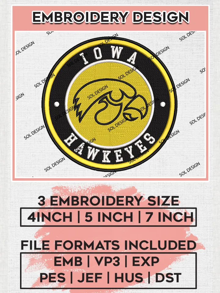 NCAA Iowa Hawkeyes Round Logo Embroidery, NCAA Iowa Hawkeyes Logo Embroidery files, NCAA Teams, Machine embroidery designs, Digital Download