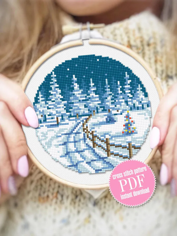 Set of 4 winter landscape cross stitch pattern PDF download Snow nature cross stitch chart Christmas pattern digital PDF Winter forest #N189