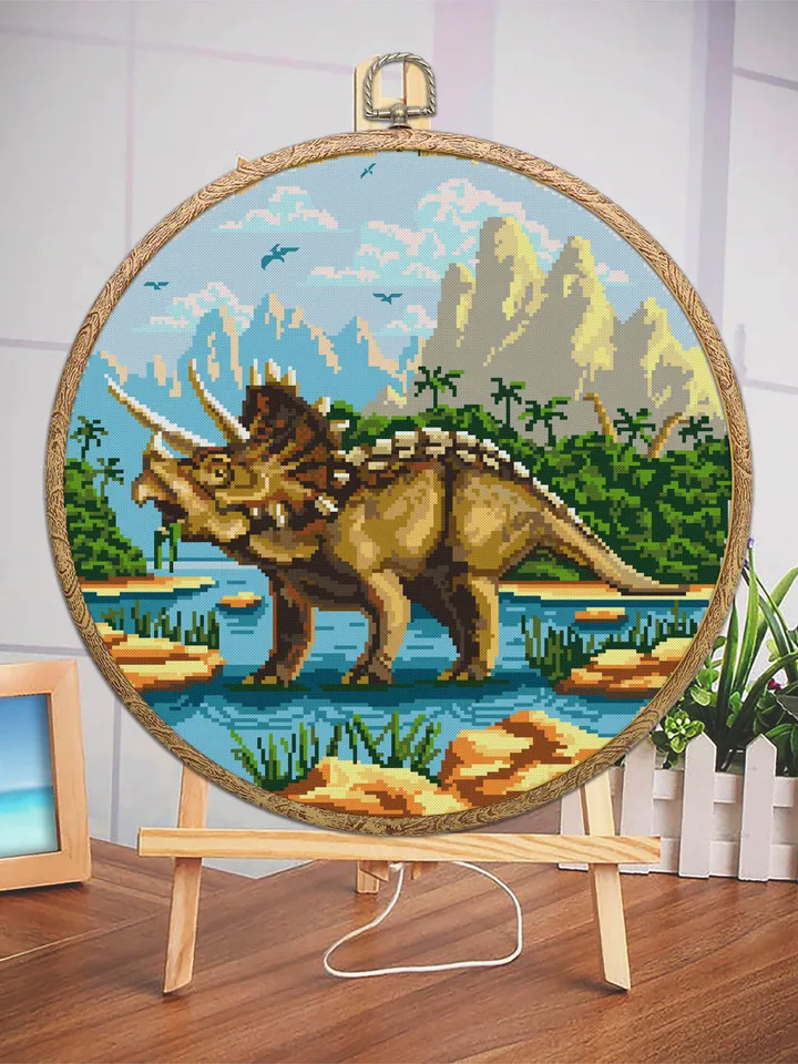 Dinosaur Triceratops cross stitch pattern download PDF Ancient animal cross stitch chart, Dinosaur world cross stitch Mountain landscape #D2