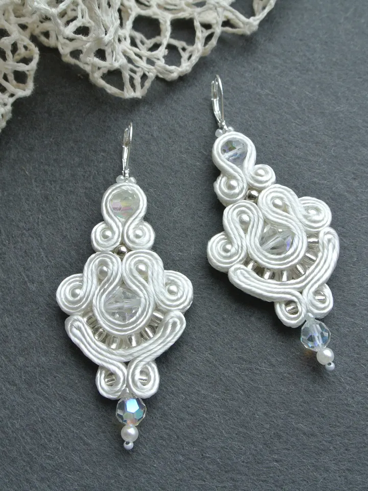 White earrings, bridal earrings, soutache embroidered earrings, beaded earrings