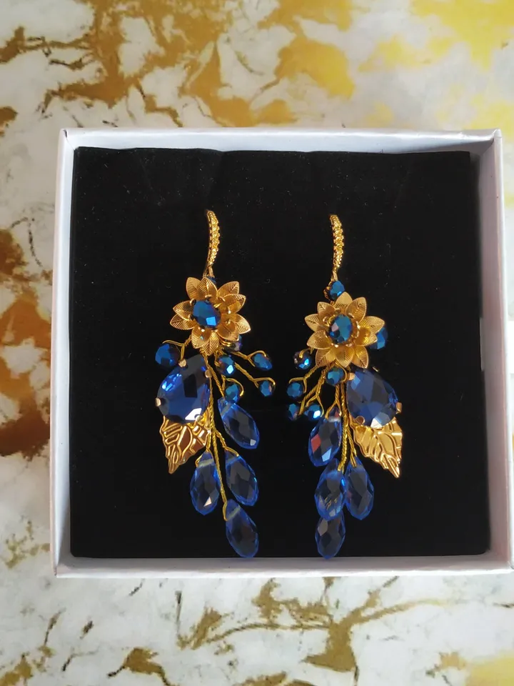 Gorgeous Blue Sapphire Gold Wedding Earrings Bracelet Jewelry Set , Floral Boho Bridal Earrings, Chandelier Statement Bohemian Earrings,