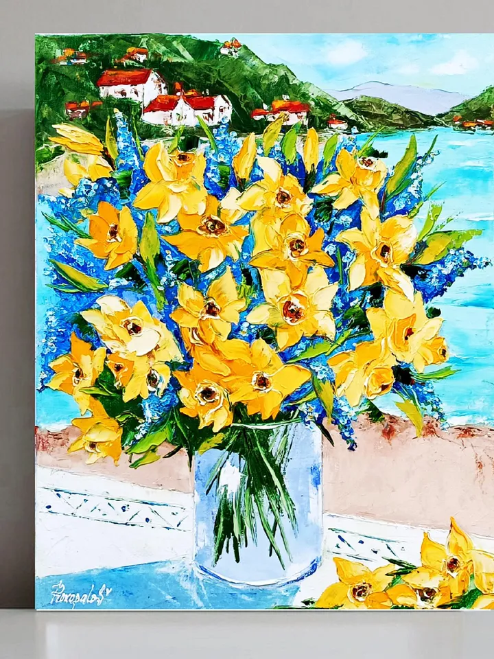 Daffodils Painting Italy Original Art 20x16 Italy Amalfitan Seaside Coast Painting Panorama Blooming Marina Southern Sorrento Art