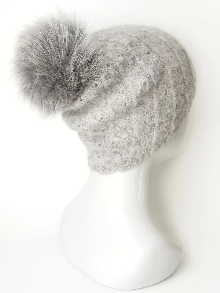 Hand-Knit Mohair Women's Hat in Light Grey with Pom Pom - Unique Winter Accessory. Cozy Handcrafted Women's Beanie. FREE SHIPPING!
