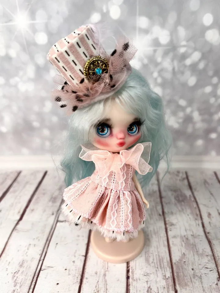 Adorable little doll in a hat. Petite Blythe with blue hair.