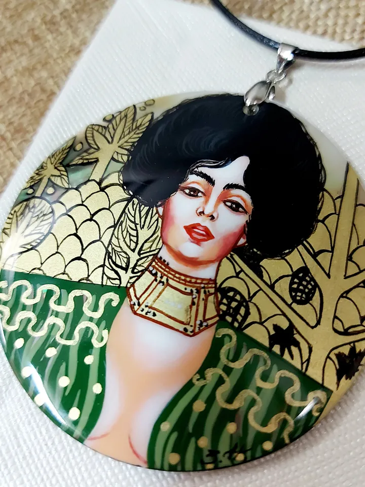 Pearl pendant necklace: Judith by Gustav Klimt on handmade necklace. Painted lacquer shell jewelry. Dainty gift for aesthetic women of power