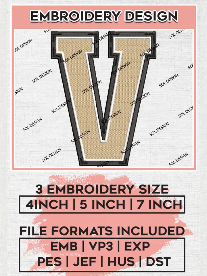 Vanderbilt Commodores College Team Letter Logo Embroidery Design Files, NCAA Vanderbilt Commodores Machine Embroidery, NCAA Teams, 3 sizes, NCAA Machine embroidery designs, Digital Download
