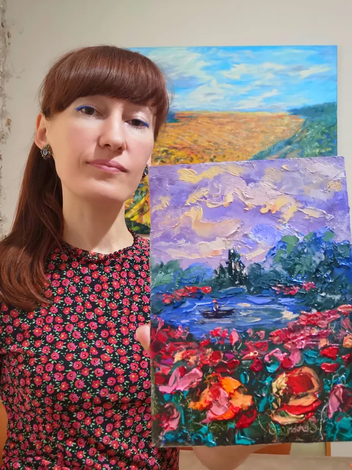 Bright Poppies Lake Boat Sunset Impasto Oil Painting Flowers Original Artist Svinar Oksana