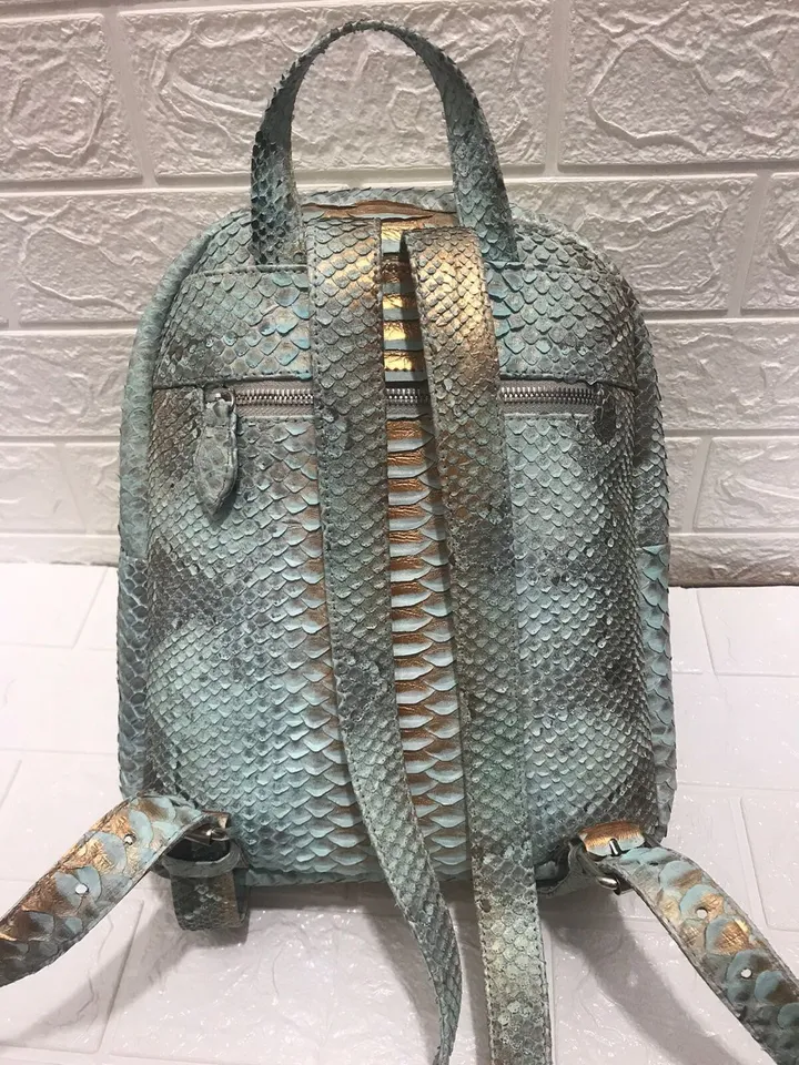 Genuine python skin blue backpack | designer women bags | exotic leather purse | trendy casual light blue snake backpack with pockets |