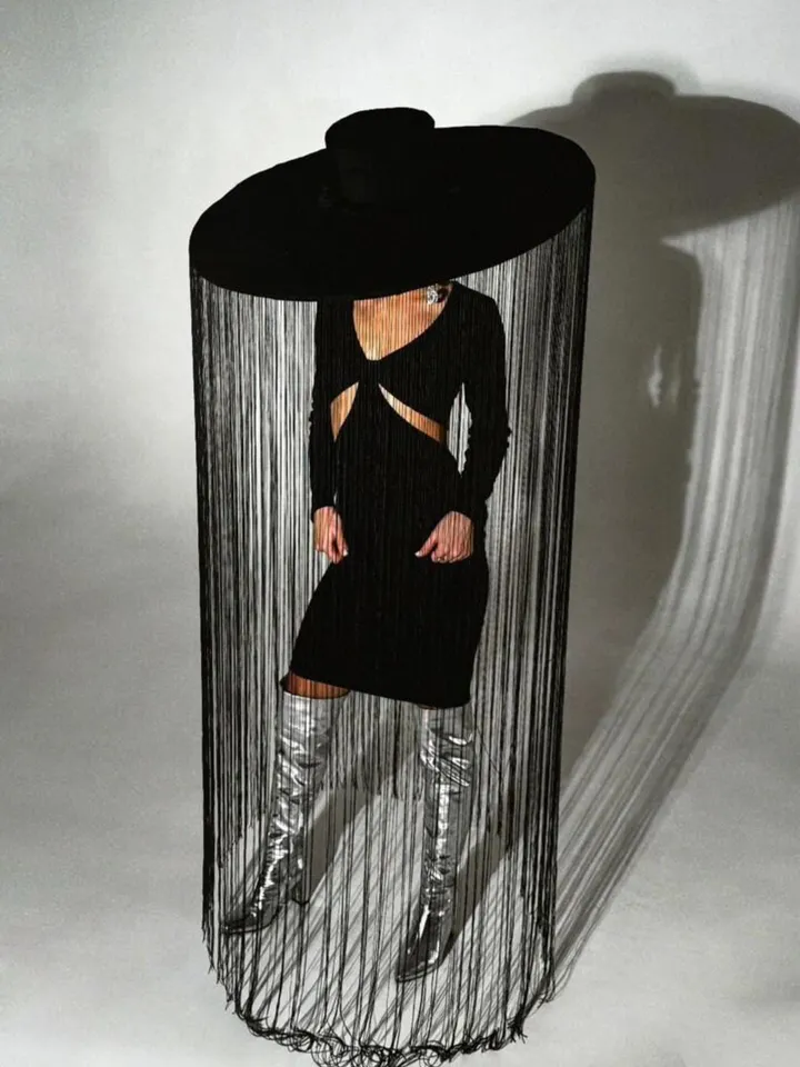 fringed hat, hat with threads, hat for photo shoot, black hat with long threads