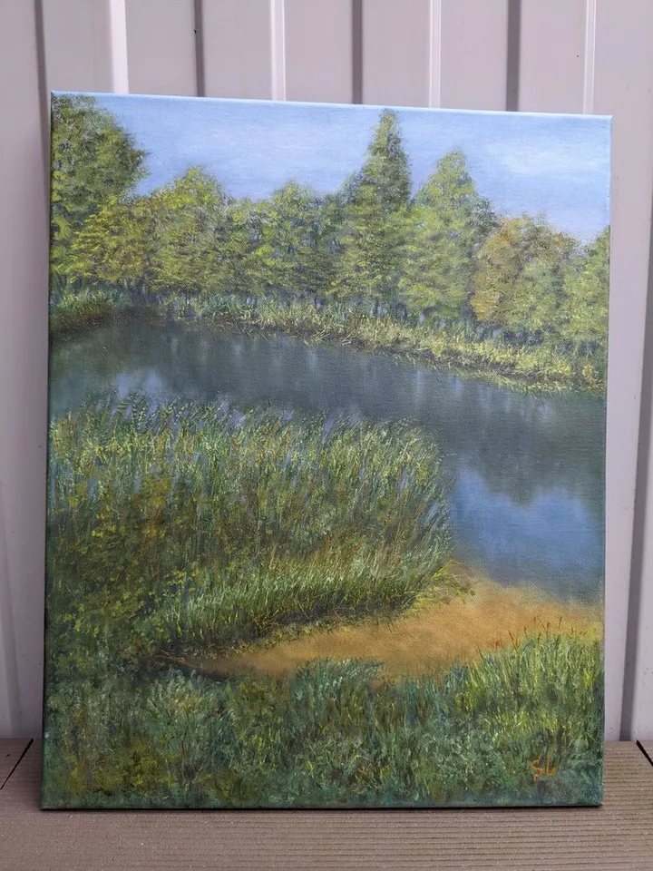 Summer landscape with a river and a sandy shore, tall grass and trees, original painting 16x12 inches